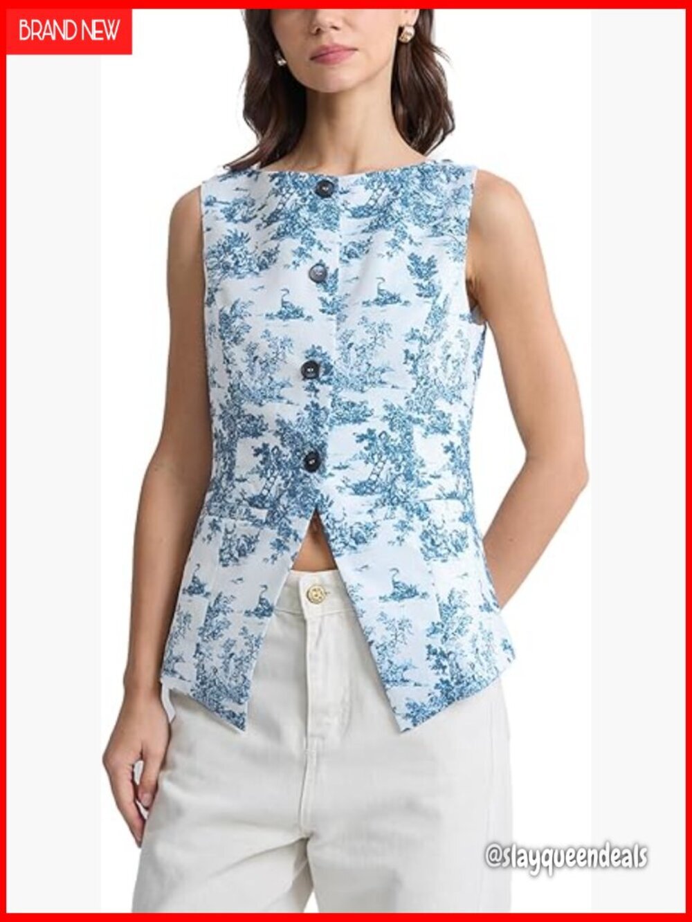 Floral Waistcoat Vest Sleeveless Boat Neck Button Down X-Large Polyester